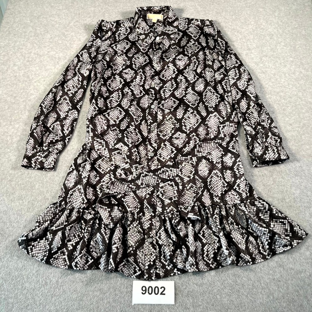 Michael Kors Mini Dress Womens Large Black White Snake Print Peplum Hem Belted
